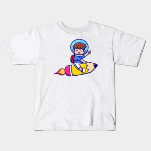 Cute Boy Flying With Pencil Rocket Kids T-Shirt